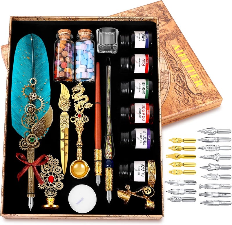 Aifeiter Quill Pen Feather Calligraphy Pen and Ink Set,Wax Seal Stamp Set,includes Quill Pen,Glass Dipping Pen,Wooden Dipping Pen,6 Bottles of Ink,8 Sheets of Writing Paper,Envelope-Green - Image 1